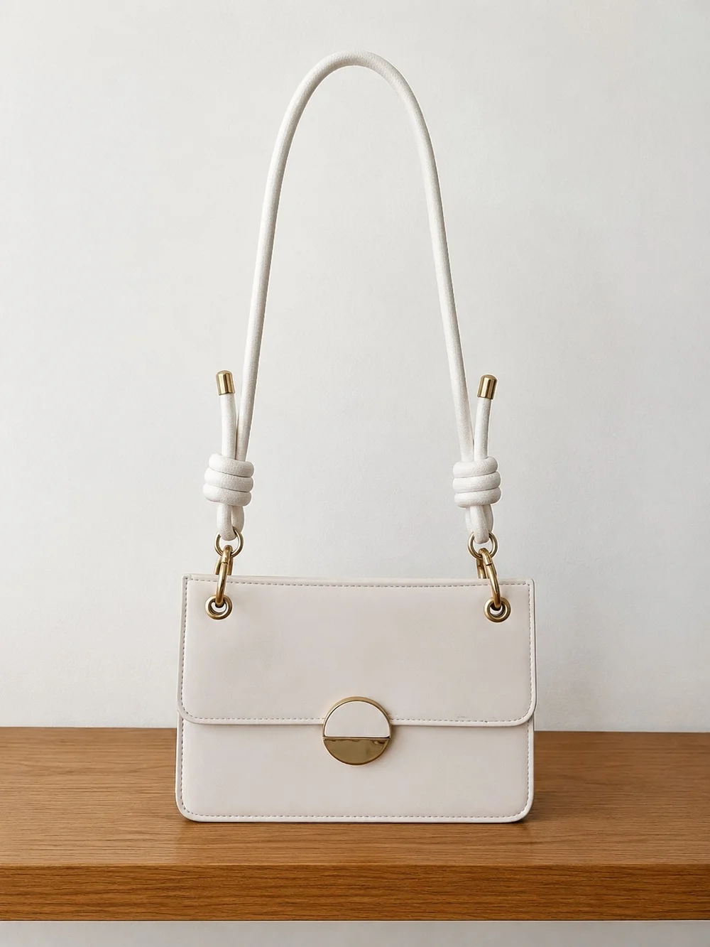 Off White Shoulder Bag with Gold-Tone Hardware & Detachable Crossbody Strap
